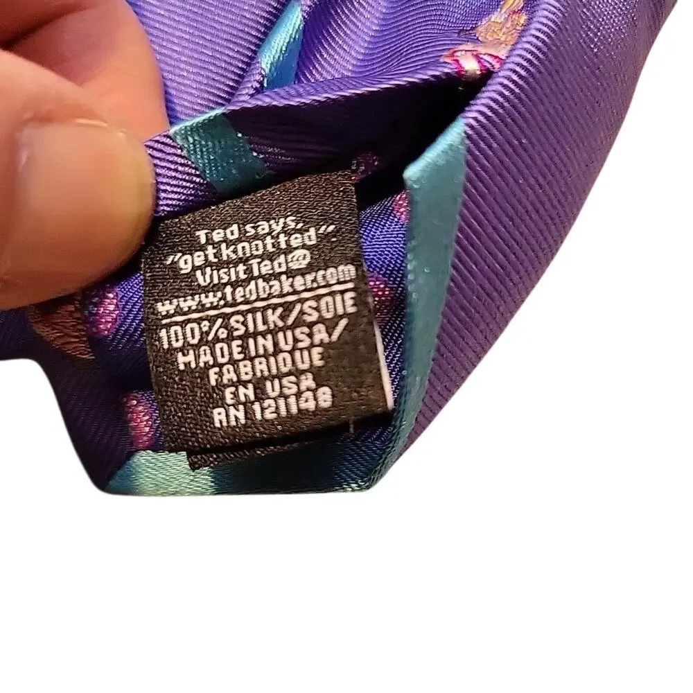 Ted Baker London Silk Neck Tie Mens Repp Purple Embroidered Birds Satin